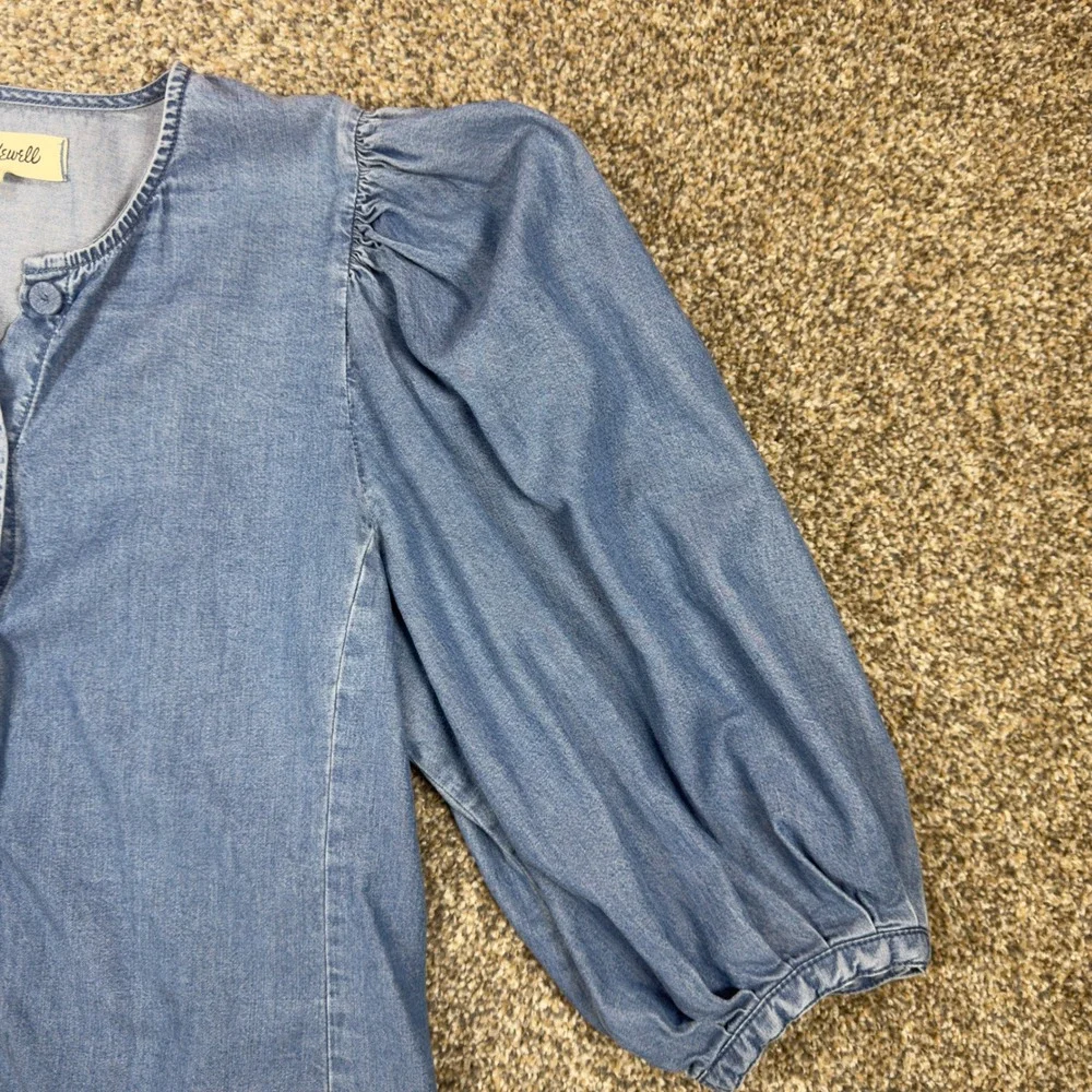Madewell Chambray Puff Sleeve Button Front Top Blue Lyocell Blend Blouse Size 4